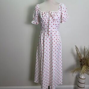 Rihoas Size S White Red Polka Dot Puff Sleeve Midi Dress